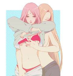 2girls blonde_hair blue_eyes bra breasts facial_mark female_focus forehead_mark hair_over_one_eye ino_yamanaka lingerie lips long_hair medium_breasts midriff multiple_girls nail_polish naruto naruto:_the_last naruto_(series) navel panties parted_lips pink_hair red_bra red_panties sakura_haruno short_hair striped striped_background topless underboob underwear undressing yuri