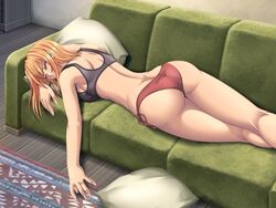 1girls ass ass_focus bare_back bare_legs bare_shoulders booty breasts carpet couch eyes_closed female female_focus female_only hatozuki_tsumiki laying_down nami one_piece orange_hair panties pillow ring sleeping solo solo_female solo_focus sports_bra tagme tattoo underwear wedding_ring