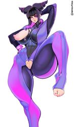 1girls areolae bangs big_lips big_nipples black_hair blunt_bangs bodysuit breasts breasts_bigger_than_head capcom crotch_cutout crotchless drill_hair eye_patch eyeliner feet female female_only female_pubic_hair front_view functionally_nude hand_behind_head hand_on_hip highres huge_breasts human juri_han looking_at_viewer nail_polish neroartbox nipples on_one_leg one_breast_out parted_lips pink_eyes pink_nails pink_toenails pubic_hair puffy_nipples pussy sidelocks simple_background solo standing standing_on_one_leg street_fighter street_fighter_v thick_thighs tight_clothes toeless_legwear toenail_polish toes torn_clothes twin_drills twitter_username voluptuous white_background wide_hips