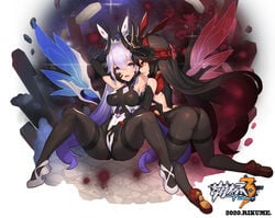 2020 2girls armpits arms_up artist_name ass bella_(honkai_impact) benares black_bodysuit black_gloves black_hair blue_eyes bodysuit bound bound_wrists breasts cameltoe clothing copyright_name dated elbow_gloves face-to-face fairy_wings fingering fingering_through_clothes gloves hairband hand_on_another's_crotch hand_on_another's_face honkai_(series) honkai_impact_3rd horns kneeling knees_up kurikara_(honkai_impact) leaning_forward legs long_hair multiple_girls open_mouth red_bodysuit red_eyes red_footwear rikume shoes silver_hair sitting skin_tight smile spread_legs thigh_strap thighs through_clothes very_long_hair white_bodysuit white_footwear wings yuri