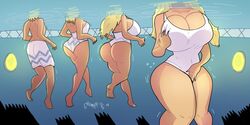 ass ass_expansion breast_expansion breast_grab breasts female gender_transformation grumpy-tg hair_growth huge_ass huge_breasts male mtf_transformation one-piece_swimsuit rule_63 self_fondle solo swimsuit swimwear thick_thighs transformation translated