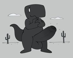 2021 balls big_balls big_penis birdvian blush cactus clouds dinosaur dinosaur_(google_chrome) feral genitals google google_chrome gray_body hi_res huge_balls huge_cock hyper hyper_penis lagomorph light_gray_wallpaper long_penis long_tail looking_away male male_only monochrome penis reptile scalie smile smiling solo solo_male standing tail theropod tyrannosaurid tyrannosaurus white_eyes