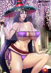 1girls 2020 2020s bikini black_hair eyepatch_bikini fate/grand_order fate_(series) female female_only hat huge_breasts laffinityl long_hair minamoto_no_raikou_(fate/grand_order) purple_eyes solo sword veil voluptuous