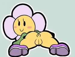 1girls 2019 :) anthro anus ass blush blush_stickers crazee_dayzee eyelashes female flower footwear grey_background laying_down looking_at_viewer looking_back mario_(series) nintendo paper_mario puffy_pussy pussy shoes simple_background smile solo thunderfap yellow_skin