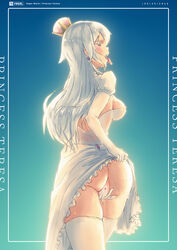 absurdres ass boosette bustier character_name colored_eyelashes copyright_name covered_nipples crown dated dress dress_lift drop_earrings earrings elbow_gloves female frerl frilled_dress frills gloves gradient gradient_background highres jewelry lifted_by_self long_hair looking_back mario_(series) masturbation new_super_mario_bros._u_deluxe nintendo pussy queen red_eyes sharp_teeth skindentation solo super_crown sweat teeth thighhighs tongue tongue_out white_dress white_gloves white_hair white_legwear zettai_ryouiki