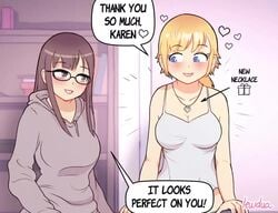 1futa 1girls animated blush breasts bulge cleavage dickgirl erection_under_clothes female female_on_futa futanari getting_erect grower_not_a_shower huge_cock karen_(lewdua) lewdua nessie_(lewdua) no_sound penis penis_under_clothes slideshow speech_bubble strap-on text video