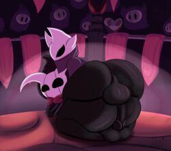 2020 all_fours anthro anthro_on_anthro arthropod ass ass_up audience backsack balls big_butt black_balls black_body black_eyes black_penis bottomless bow_tie clothed clothing duo_focus erection fan_character genitals grimm_(hollow_knight) group hi_res hollow_knight hot_dogging huge_butt huge_thighs humanoid_genitalia humanoid_penis imminent_sex insects intraspecies looking_back looking_down male male/male no_pupils not_safe_for_reality penis perineum pink_clothing pink_topwear purple_body rear_view red_eyes team_cherry thick_thighs topwear vessel_(species) video_games