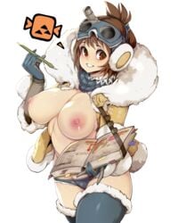 1girls absurdres areolae big_breasts book breasts earmuffs female female_only highres large_breasts monster_hunter monster_hunter_world nipples panties slugbox solo the_handler white_background