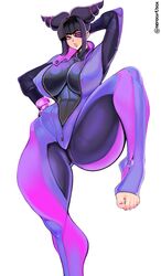 1girls bangs big_lips black_hair blunt_bangs bodysuit breasts capcom clothed drill_hair eye_patch eyeliner feet female female_only front_view hand_behind_head hand_on_hip highres huge_breasts human juri_han looking_at_viewer nail_polish neroartbox on_one_leg parted_lips pink_eyes pink_nails pink_toenails sidelocks simple_background solo standing standing_on_one_leg street_fighter street_fighter_v thick_thighs tight_clothes toeless_legwear toenail_polish toes twin_drills twitter_username voluptuous white_background wide_hips