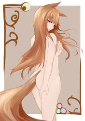 1girls ass big_ass bottomless female grabbing grabbing_from_behind grabbing_own_thigh holo kemonomimi looking_at_viewer naked pixiv round_ass skinny small_breasts smug solo spice_and_wolf tail thick_thighs thighs