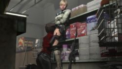 2girls 3d 3d_(artwork) ada_wong ada_wong_(ty_brenneman) artist_request asian asian_female assault_rifle black_gloves black_hair black_pants blonde blonde_female blonde_hair bottomless clothed_sex cunnilingus female female/female female_focus female_only firearm handgun holster implied_cunnilingus implied_oral indoors inside interracial leather_boots leather_gloves leather_pants light-skinned_female light_skin oral_sex public resident_evil resident_evil_6 rifle sherry_birkin short_hair side_view standing_cunnilingus weapon yuri