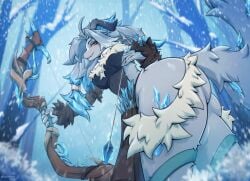 anthro arrow_(weapon) bow_(weapon) breasts canid canine canis female genshin_impact hi_res low-angle_view mammal mergremil mihoyo ranged_weapon rear_view snow snow_forest solo thick_thighs weapon wolf
