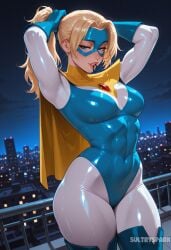 1girl adjusting_hair ai_generated arms_up artist_name blonde_blazer blonde_hair blue_eyes blue_gloves bodysuit breasts brooch cape cityscape covered_navel dispatch_(game) futarush gloves hair_tie hair_tie_in_mouth leotard lips long_hair looking_at_viewer mask mouth_hold muscular_female night night_sky outdoors patreon patreon_username ponytail skin_tight sky smile solo sultryspark superhero thighs tying_hair