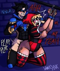 1boy 1girls abs ahe_gao arms_up ass bell_collar big_butt black_hair black_lipstick blonde_female blonde_hair blush blushing bondage bound_wrists bratty breasts captured captured_villainess clothed clothed_sex clown clown_girl clown_makeup dc dc_comics dialogue dick_grayson doggy_style domino_mask enjoying facepaint fat_ass female gloves gritted_teeth handcuffs handlebars harleen_quinzel harley_quinn harley_quinn_(classic) hero hero_on_villain jester jester_hat jester_outfit large_ass leotard lipstick long_eyelashes loving_it male male_penetrating_female mask moaning motion_lines muscular_male nightwing plap plapping plapping_big_butt puffy_sleeves pulling_twintails red_lipstick red_nose restrained_arms spiky_hair stockings straight striped_socks superhero sweat sweatdrop tattoo tattoo_on_thigh thigh_tattoo tongue_out villainess white_eyes white_face white_facepaint woxhex587 yellow_teeth