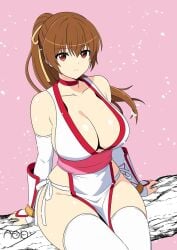 1girl big_breasts breasts bridal_gauntlets brown_eyes brown_hair choker cleavage collarbone commentary_request dead_or_alive gauntlets hair_ribbon japanese_clothes kasumi_(doa) kimono kunoichi large_breasts long_hair looking_at_viewer ninja no_bra panties parted_lips pelvic_curtain ponytail revealing_clothes ribbon shiny_skin side-tie_panties sitting solo tanikan0120 thick_thighs thighhighs thighs underwear white_panties white_thighhighs