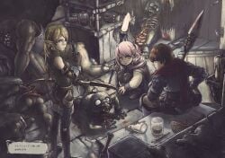 1boy 2girls armor arrow_(projectile) ass bag bare_shoulders barefoot black_pants black_shirt black_shoes blonde_hair blood blood_on_ground blood_on_wall blood_on_weapon book bow_(weapon) breasts broken_glass brown_gloves brown_hair brown_pants brown_sleeves candle cape closed_mouth commentary_request corpse dated detached_sleeves door earrings entrails exposed_bone eyelashes fantasy fingerless_gloves from_above from_behind from_side full_body glass gloves glowing_crystal goblin green_sweater grey_cape grey_eyes guro hair_ornament hair_scrunchie helmet highres holding holding_arrow holding_bow_(weapon) holding_polearm holding_staff holding_weapon hood hooded_cape indoors injury intestines jar jewelry jun_(navigavi) knee_armor leg_armor lips long_sleeves looking_at_another looking_at_viewer looking_back looking_up lying mouse_(animal) multiple_girls muscular nib_pen_(object) nose on_stomach open_mouth orc organs original pants parted_lips pauldrons pen pile_of_corpses pink_hair pointing pointy_ears polearm ponytail purple_scrunchie red_scarf ribbed_sweater ribs scabbard scarf scrunchie sheath shirt shoes shoulder_armor sitting sleeveless sleeveless_sweater small_breasts spear squatting staff standing sweater sword thigh_armor translation_request turtleneck turtleneck_sweater tusks vambraces weapon white_shirt wooden_door yellow_eyes