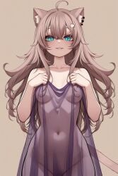 1girls ai_generated animal_ears blue_eyes brown_hair cat_girl catgirl female indie_virtual_youtuber light-skinned_female light_skin looking_at_viewer meowdem profanavtubers sexy tail thighs vtuber