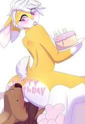 2boys ass balls_on_face birthday birthday_cake blush canid canine facesitting femboy furry gay lagomorph long_ears male male_only novaberry pink_eyes rabbit stan_(novaberry) tail white_background yaoi yellow_fur