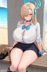 1girl ai_generated asuna_(blue_archive) asymmetrical_bangs beach black_choker black_skirt black_socks blonde_hair blue_archive blue_bow blue_bowtie blue_eyes blue_halo blue_nails blue_ribbon blush bow bowtie bra_visible_through_clothes breasts button_gap choker cleavage closed_mouth collarbone collared_shirt day dress_shirt hair_over_one_eye hair_ribbon halo huge_breasts kneehighs light_brown_hair loafers long_hair looking_at_viewer miniskirt nail_polish ocean outdoors pleated_skirt ribbon school_uniform scrunchie shirt shoes sitting skirt smile socks solo thick_thighs thighs very_long_hair water white_shirt wrist_scrunchie