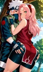 ai_generated big_breasts flat_chest grabbing_ass hatake_kakashi naruto_(classic) naruto_(series) petite_female sakura_haruno shiokonbu shiokonbu_art_style teenager worried_expression