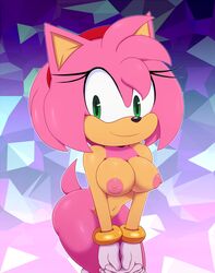 amy_rose animal_ears anthro anthrofied bigdon1992 black_nose breasts digital_media_(artwork) erect_nipples female female_only green_eyes nipples nude patreon pink_fur sega simple_background solo sonic_(series) sonic_the_hedgehog_(series) tan_fur two_tone_fur video_games white_gloves