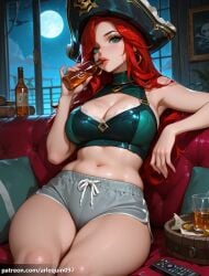 1girl ai_generated alcohol arlequin097 bare_shoulders body_freckles bottle breasts cleavage cleavage_cutout clothing_cutout controller couch crop_top cup dolphin_shorts earrings freckles full_moon green_eyes grey_shorts hat holding holding_remote_control hoop_earrings indoors jewelry large_breasts league_of_legends league_of_legends:_wild_rift lips long_hair looking_at_viewer midriff miss_fortune moon navel night on_couch patreon_username pillow pirate pirate_hat red_hair remote_control riot_games short_shorts shorts sitting sky sleeveless solo stomach thighs underwear virtual_youtuber whiskey window