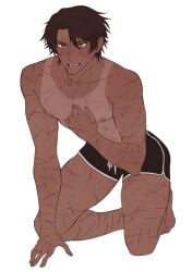 1boy 2026 biting_tongue brown_areolae brown_hair brown_hair_male color colored dark-skinned_male digital_media_(artwork) dolphin_shorts exposed_breasts exposed_navel exposed_nipples exposed_pecs hamko heathcliff_(limbus_company) highres honestly_quite_incredible jewelry limbus_company looking_at_viewer male male_chest male_focus male_only mature_male more_at_source muscular_arms no_sex no_visible_genitalia on_knees partially_clothed partially_clothed_male pecs posing posing_for_the_viewer project_moon ring shirt_off shirtless shirtless_male shorts shorts_only simple_background smile smiling_at_viewer sweat sweating sweaty sweaty_body sweaty_thighs tan_lines tanline thick_thighs toned toned_arms toned_male violet_eyes