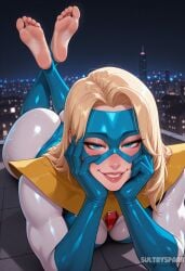 1girl ai_generated artist_name ass barefoot blonde_blazer blonde_hair blue_eyes bodysuit breasts cityscape dispatch_(game) feet feet_up futarush gloves hands_on_own_cheeks hands_on_own_face head_rest looking_at_viewer lying mask on_stomach patreon patreon_username smile soles solo sultryspark superhero teeth the_pose toes