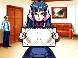 1girls ace_attorney apollo_justice apollo_justice:_ace_attorney big_breasts breasts courtroom curvydoodles huge_breasts lobby notepad sketch vera_misham