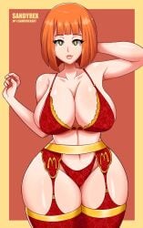 2d 2d_(artwork) big_breasts bra breasts breasts_bigger_than_head clothed clothed_female clothing hand_behind_head hourglass_figure hourglass_figured_female huge_breasts hyper_breasts looking_at_viewer mcdonald's mom_(japanese_mcdonald's_commercial) panties partially_clothed partially_clothed_female sandyrex shiny shiny_skin smile smiling smiling_at_viewer solo solo_female thick_thighs thigh_highs thighhighs voluptuous voluptuous_female watermark