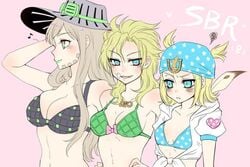 2020 3girls big_breasts blonde_hair blush bra breast_size_difference breasts diego_brando fang female frown green_lipstick gyro_zeppeli hat hi_res highres human johnny_joestar jojo's_bizarre_adventure light-skinned_female light_skin lipstick medium_breasts musical_note nightcat_(artist) rule_63 shounen_jump small_breasts smile steel_ball_run