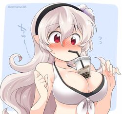 1girls big_breasts bikini black_hairband blue_background blush breasts bubble_tea bubble_tea_challenge cleavage corrin_(fire_emblem) corrin_(fire_emblem)_(female) corrin_(summer)_(fire_emblem)_(female) cup drinking drinking_straw eromame female fire_emblem fire_emblem_fates fire_emblem_heroes hairband large_breasts long_hair nintendo pointy_ears red_eyes simple_background solo swimsuit upper_body white_hair