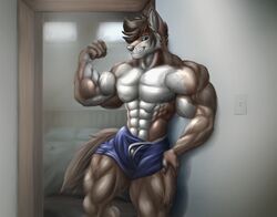 abs anthro bedroom better_version_at_source biceps big_muscles black_claws blue_eyes bulge canid canine canis claws clothed clothing commission_art domestic_dog erection erection_under_clothing flexing hi_res husky male male_only mammal multicolored_body muscular muscular_anthro muscular_legs muscular_male nordic_sled_dog pecs pose rizzyofen smile smirk solo spitz topless underwear veiny_muscles