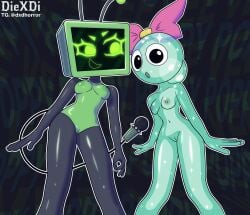 2girls bow breasts colored_skin dandy's_world diexdi female female_only medium_breasts microphone nipples nude poppy_(dandy's_world) pussy tv_head vee_(dandy's_world)