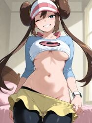 1girl 1girls ai_generated bedroom belly belly_button black_pantyhose blue_eyes brown_hair cleavage frilled_shorts groin hairbun hairbuns kslgsnb lifted_by_self lifted_shirt looking_at_viewer midriff no_bra no_panties one_eye_closed pantyhose pixai pokemon pokemon_bw pokemon_bw2 pulling_down_pants pulling_own_clothes raglan_sleeves rosa_(pokemon) shirt shorts sidelocks solo underboob visor_cap white_shirt wink yellow_shorts