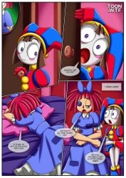 2girls bbmbbf bed blush comic crying doll female female_only glitch_productions jester jester_girl palcomix pillow pomni_(the_amazing_digital_circus) ragatha_(the_amazing_digital_circus) ragdoll tears the_amazing_digital_circus toon.wtf