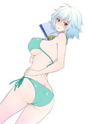 10s 1girls ass bikini blue_hair blush breasts butt_crack covered_erect_nipples female_focus folding_fan hand_fan hand_on_own_hip highres infinite_stratos large_breasts looking_at_viewer looking_back parted_lips red_eyes sarashiki_tatenashi shiny_skin short_hair side-tie_bikini_bottom sideboob silver_hair simple_background sketch smile solo strap_gap swimsuit underboob white_background zucchini