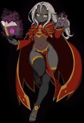 calamitas calamity_mod cape dark-skinned_female exposed_midriff exposed_torso gray_body gray_hair gray_skin grey_body grey_hair grey_skin hips hips_wider_than_shoulders horns midriff mosquito_bites navel scar_on_face shoulder_pads solo solo_female solo_focus spellbook tagme thick_thighs thighhighs waist witch