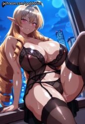 1girl ai_generated bokeh_background breasts curvy elbow_gloves elf elf_ears elf_female elf_girl elinalise_dragonroad gaddariat gloves huge_breasts lace_lingerie large_breasts looking_at_viewer milf mushoku_tensei patreon slim_waist sultry voluptuous