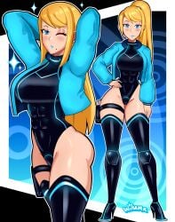 1girls abs abs_visible_through_clothing alternate_version_available arms_behind_head big_breasts black_leotard black_thighhighs blonde_hair blue_jacket blue_lips blue_lipstick blue_nail_polish blue_nails blush breasts close-up female female_only footwear full_body gun_holster hair hand_on_hip heels high_heels hips holster jacket legwear leotard lips lipstick long_hair loose_hair metroid metroid_(creature) mole mole_under_mouth multiple_views nail_polish nails nintendo one_eye_closed parted_lips ponytail samus_aran smile solo solo_female sparkles thick_thighs thigh_strap thighhighs thighs wiluma wink winking