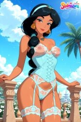 1girl ai_assisted ai_generated aladdin bare_shoulders black_hair blue_panties blue_sky braid breasts brown_eyes bustier cameltoe closed_mouth cloud corset covered_nipples cowboy_shot dark-skinned_female dark_skin day disney disney_princess earrings garter_belt garter_straps hairband jasmine jewelry lingerie lips long_hair looking_at_viewer medium_breasts necklace nipples outdoors palm_tree panties patreon princess princess_jasmine see-through sky smile solo stelmazura thighhighs tree underwear