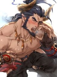 1boy abs absurdres bara beard blush body_hair bulge chest dark_blue_hair draph erection erection_under_clothes facial_hair fellatio_gesture gachimuchi garouza_(granblue_fantasy) granblue_fantasy highres horns konohanaya lactating lactation male_focus male_lactation male_only manly milk muscle nipple_tweak nipples open_mouth oral_invitation pectorals penis_peek sexually_suggestive shirtless solo tongue