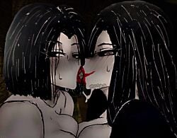 2girls black_hair blush drooling embarrassed explicit french_kiss ghostfacik glistening_skin ink kissing lineart long_hair looking_at_viewer monochrome nsfw red_lipstick roblox roblox_game saliva sama_(the_mimic) short_hair sketch sweat the_mimic traditional_media yuma_(the_mimic) yuri