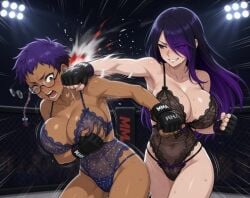 2026 2girls ai_generated artist_request black_hair black_lingerie blood blue_hair blue_lingerie dark-skinned_female dark_skin fanart_from_twitter female_only fight fighting fighting_ring fingerless_gloves glasses goth hand_on_breast hand_on_own_breast holding_own_breast huge_breasts juleka_couffaine leotard miraculous_ladybug mma motion_lines one_eye_closed pale-skinned_female pale_skin punching punching_face sweat taranee_cook twitter_link two-tone_hair w.i.t.c.h.