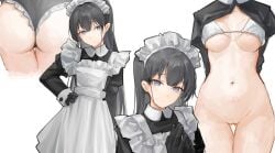 1girl absurdres arms_behind_back ass bikini bikini_top_only black_gloves black_hair blue_eyes blush bottomless breasts close-up commentary cowboy_shot cropped_legs frown gloves hand_on_own_hip hands_up head_out_of_frame highres long_hair looking_to_the_side maid maid_headdress medium_breasts mole mole_under_eye multiple_views navel original own_hands_together pussy sunflower_hua1 swimsuit upper_body