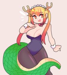 1girls bare_shoulders big_breasts bunnysuit dragon_tail female female_only happy heart-shaped_mouth long_hair maid_headdress miss_kobayashi's_dragon_maid onigiri_punch orange_eyes orange_hair ribbon_choker smile smiling_at_viewer solo solo_female thin_waist tight_clothing tohru_(dragon_maid)