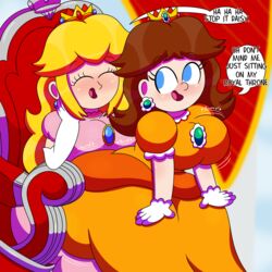 2girls 3barts ass ass_in_dress big_ass big_breasts big_butt blonde_hair breasts brown_hair clothed clothed_female dress english english_text female female_only fully_clothed huge_ass lap_dance long_hair mario_(series) multiple_girls nintendo photo princess_daisy princess_peach sitting_on_lap super_mario_bros. text twerking video_games wide_eyed