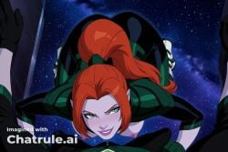 1girl absurd_res ai_assisted ai_generated back_view bent_over black_clothing black_leggings bodysuit colored_skin curvy_hips devious_grin first_person_perspective front_view green_eyes green_lantern hands_above_head hard_nipples highres hood_up kneeling large_breast large_breasts laying_on_belly legs_spread lips long_hair lustful official_style on_all_fours perfect_anatomy perfect_ass ponytail posing_for_viewer red_hair seductive shinny_skin side_view sitting squatting standing tight_clothing white_socks
