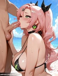 1boy 1girl ai_generated arlequin097 bare_shoulders beach bikini black_bikini black_choker black_ribbon blue_sky blush breasts choker cleavage day earrings erection fellatio from_side green_eyes hair_ornament hair_ribbon hairclip heart heart-shaped_pupils heart_earrings hetero jewelry large_breasts long_hair mole mole_on_breast nicole_demara nude ocean oral outdoors penis pink_hair ribbon saliva sideboob sky solo_focus strap_gap string_bikini sweat swimsuit symbol-shaped_pupils testicles tongue tongue_out two_side_up uncensored underboob wet zenless_zone_zero