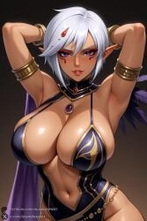 1female 1girl 1girls 2026 ai_generated armlet armpits arms_behind_head arms_up artist_name big_ass big_breasts blush bracelet breasts cia_(the_legend_of_zelda) cleavage curvy dark-skinned_female dark_elf dark_skin elf facial_mark feathers gradient gradient_background hi_res high_quality high_resolution highres huge_ass huge_breasts hyrule_warriors jewelry large_breasts lips looking_at_viewer makeup navel parted_lips patreon patreon_username pointy_ears purple_eyes revealing_clothes short_hair smile solo the_legend_of_zelda unjobdespiert watermark white_hair